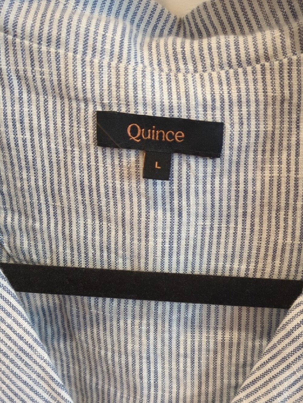 Coastal Quince Blue White Pin stripe Linen Short Sleeve Button Up Boxy Crop Lg - Picture 2 of 5
